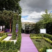 Moscow Flower Show 2013 - сад "Лабиринт мечты", декинг выкрашен в цвет цветка рододендрона катавбинского "Grandiflorum"